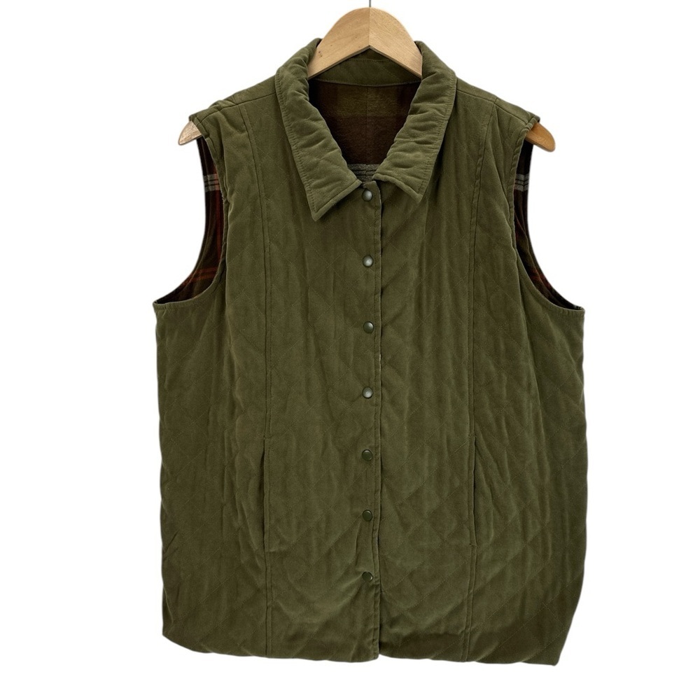 Denim & Co. Quilted Reversible Plaid Snap Button Chore Vest Vintage Large